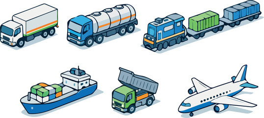 set of colored vector icons of special transport in isometric style, for stickers, printing or other thematic designs