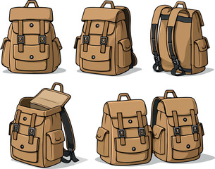 set of icons of brown backpacks for camping or traveling with straps in different perspectives at different angles, for stickers, printing or other thematic designs