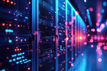 Advanced IT server rack corridor with glowing data signals inside modern data center, ideal for cloud computing, AI processing, network infrastructure, and enterprise backend systems