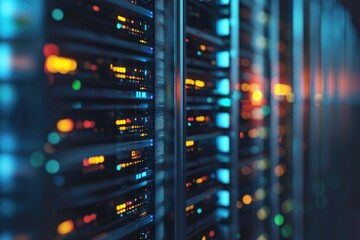 Secure IT server rack infrastructure with glowing status indicators inside modern data center, ideal for cloud computing, network management, and enterprise backend technology concepts