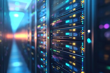Modern IT server rack corridor with illuminated system panels inside secure data center, ideal for cloud computing, network infrastructure, and enterprise backend operations