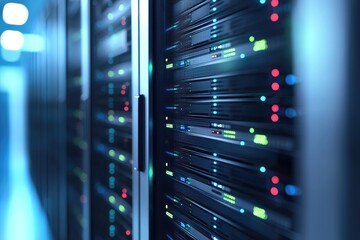 Secure IT server rack infrastructure with illuminated status indicators in modern data center, ideal for cloud computing, network operations, and enterprise backend systems