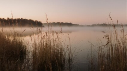 Fototapeta premium Misty Lake at Dawn - Serene Waters and Tall Grasses in Soft Light.