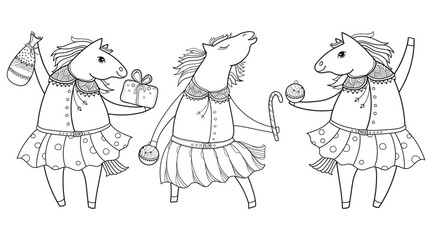 Set with outline cute horses and New Year symbols in black isolated on white background.