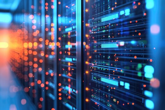Advanced IT server rack systems with glowing data streams inside modern data center, ideal for cloud computing, AI processing, network infrastructure, and enterprise backend technology