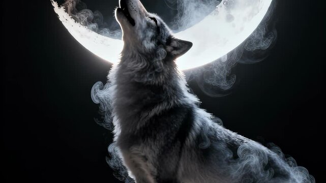 Wolf howls under a luminous full moon with ethereal smoke and lowkey lighting that emphasizes fur texture and silhouette, evoking a cinematic nocturnal scene with open dark copyspace for titles or bra