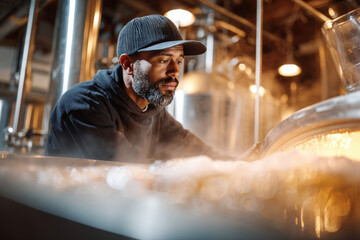 Malt Worker Observing Boil Vigor Through Sight Window in Brewery
