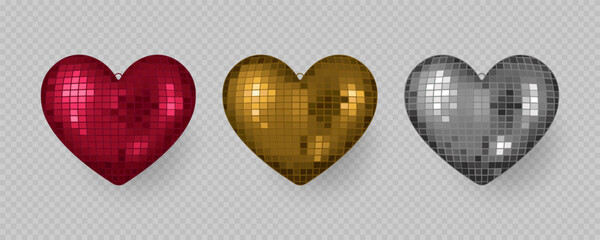 Heart-Shaped Disco Ball isolated on a transparent background. Valentines Day decoration. Vector illustration