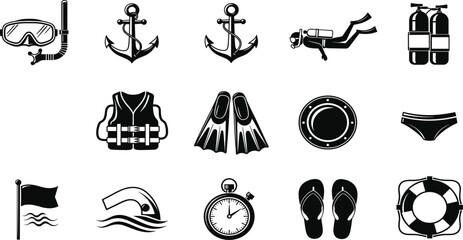 Black vector icon set of scuba diving and water sport symbols featuring a mask snorkel flippers anchor life vest and oxygen tanks. © MdShakil