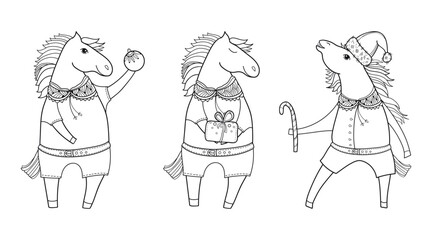 Set with outline cute horses and New Year symbols in black isolated on white background.