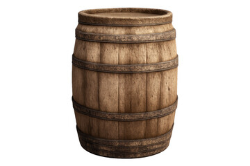 Obraz premium Wooden rustic barrel with metal hoops, an aging wine or whiskey storage container on transparent background