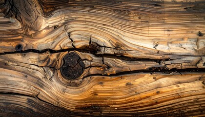 Close up of weathered wood grain with a prominent knot and deep cracks.
