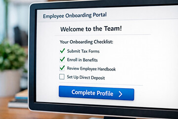 A computer screen displaying an employee onboarding portal checklist on a desk