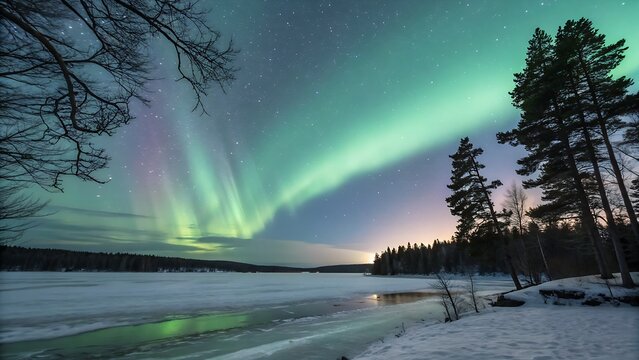 Aurora Borealis in Scandinavia. Northern lights over frozen lake. Starry sky. Glow on the sky. Winter landscape on the north. Picturesque view. Photo for background, wallpaper, postcards. - Powered by Adobe