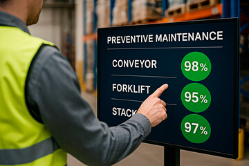 A man in a warehouse checking preventive maintenance statistics on a screen