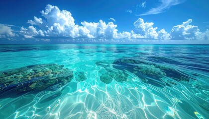 Crystal Clear Tropical Ocean Water with Sunlit Seabed and Fluffy Clouds.