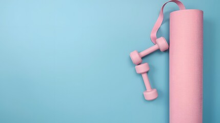 Pink Fitness Essentials: A minimalist setup of pink dumbbells and a yoga mat on a soft blue background, inviting viewers to a session of well-being and health