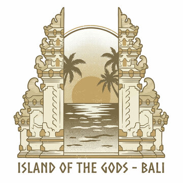 Bali Candi Bentar gate with tropical sunset ocean vector illustration