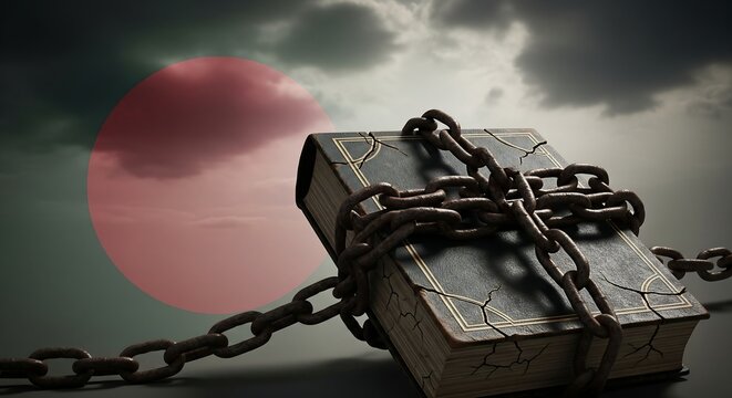 Mysterious chained book under dramatic sky with setting sun with Bangladesh low opacity flag