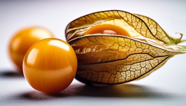 Macro Of Physalis Peruviana With A Leaf The Berrie Are Shiny And Yellow