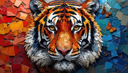 Majestic Tiger Face Mosaic Art with Vibrant Colors and Butterflies.