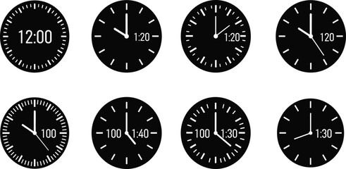 Black vector icon set of analog and digital clock faces featuring various time displays with white hands and minimalist circular dial designs.
