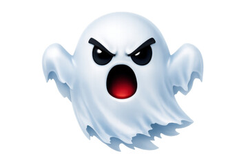 Angry ghost emoji character screaming with scary spooky face, isolated 3d digital rendering for halloween designs