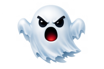 Angry ghost emoji character screaming with scary spooky face, isolated 3d digital rendering for halloween designs