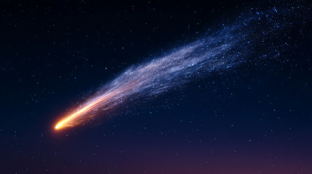 Bright orange meteor or comet soaring through a dark blue starry universe with a long trail