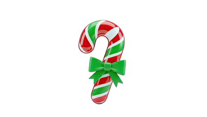 Christmas candy cane with a green bow on a white background