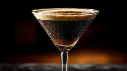 Elegant espresso martini in a classic glass against a dark bokeh background in a bar setting