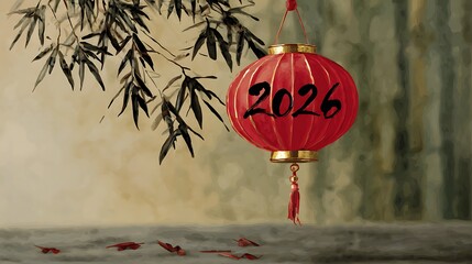 2026 Year of the Horse: Chinese New Year card poster illustration. Lanterns, bamboo for greeting card. Asian culture, holiday.