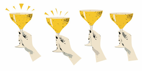 Four champagne flutes held in hands with sparkling bubbles illustrated style