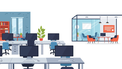 Modern open office space with workstations and meeting room