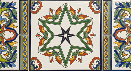 Close-up of decorative tiles featuring a geometric star design and colorful floral embellishments