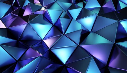 A complex 3d rendered abstract surface of interconnected geometric triangles glows vibrantly blue and purple in a dark setting.
