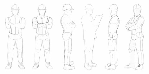 Line art illustration of six construction workers in various poses