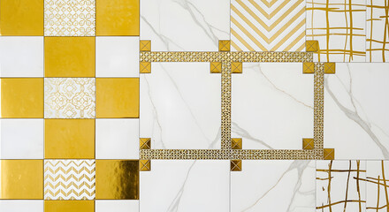 Close-up of decorative tiles featuring geometric designs in white and gold. The composition showcases various patterns, including checks, chevrons, and linear accents, creating a contrasting aesthetic