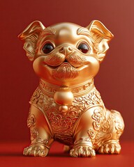 Golden lucky dog statue on red background.