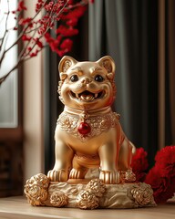 Golden guardian lion statue on a decorative base.