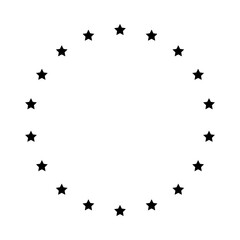 Stars of various sizes arranged in a circle. Round frame, border. Black star outline, simple symbol. Design element, ornament. Line art. Vector illustration.