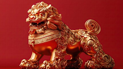 Intricate golden lion sculpture on red background.