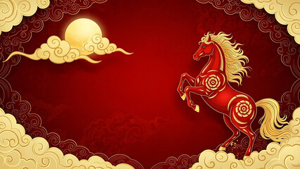 Happy Chinese New Year background with golden horse illustration on red cloud background