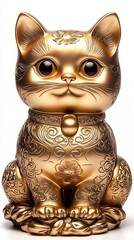 Golden cat figurine with intricate designs.