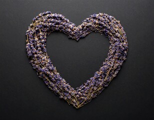 Dried Lavender Heart Shape on Dark Gray Background Valentine Concept