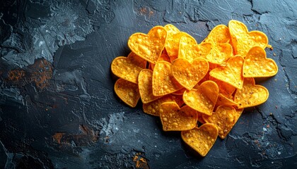 Heart Shaped Tortilla Chips Arranged on Dark Textured Surface
