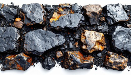 Pile of Raw Coal with Glossy Surface and White Background in Studio Lighting