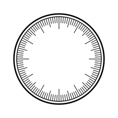 Mechanical clock face with arabic numerals, bezel. Watch dial with minute, hour marks and numbers. Timer or stopwatch element. Blank measuring circle scale with divisions. Vector illustration.