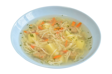 Ceramic plate with noodle and vegetable soup.