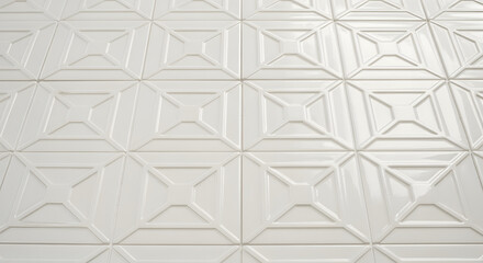 Close-up of glossy, geometrically patterned white tiles in perspective. Squares and linear designs form the repeating surface. The texture is smooth and polished